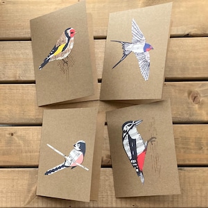 Lot de 4 cartes oiseaux dessinées à la main sur des partitions, pic, hirondelle, mésange kakawi, chardonneret