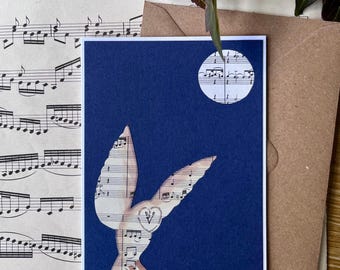 Barn Owl Full Moon Greeting Card – Handmade Owl Art on Sheet Music