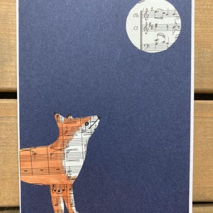 Tarjeta de zorro iluminado por la luna, tarjeta de felicitación, zorro, luna, tarjeta de zorro, tarjeta en blanco, tarjeta de cumpleaños, luna creciente, luna llena, música, notas musicales