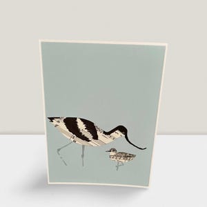 Kluut met kuikenkaart, wenskaart, kluutkaart, blanco kaart, verjaardagskaart, manuscriptpapier, muziek, muzieknoten, waadvogels, vogels