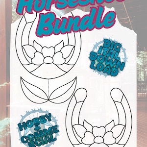 Puede incluir: Un papel blanco con el texto "Horseshoe Bundle" en turquesa y rosa. Presenta dibujos lineales negros de herraduras y diseños florales. Dos gráficos circulares dicen "Digital Download" y "Hobby + Commercial".
