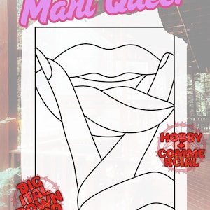 May include: Black and white line art of lips and nails, with the text "Mani Queer" in pink above. The image also includes the text "Digital Download" and "Hobby + Commercial" in red.