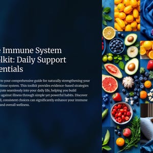 May include: Image features text "The Immune System Toolkit: Daily Support Essentials" with a description of a guide for strengthening the body's defense system. A collage of fruits and a person sleeping are also shown.