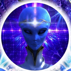 May include: A digital illustration of a blue alien with large eyes and a serene expression. The alien is set against a vibrant, cosmic background with a glowing aura. The image is framed within a circular border, creating a sense of depth and focus.