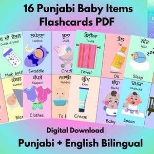 May include: A digital download of 16 Punjabi Baby Items Flashcards, showing baby essentials such as nappies, bottles, and toys. The flashcards are bilingual, with Punjabi and English text. The background is a gradient of pink, blue, and green.