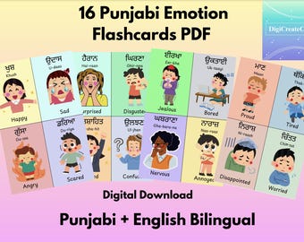 May include: A set of 16 colorful flashcards featuring different emotions in Punjabi and English. Each card has a cartoon illustration of a person expressing an emotion, along with the Punjabi and English words for the emotion.