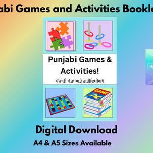 May include: A digital download graphic promoting a "Punjabi Games and Activities Booklet PDF." The image includes illustrations of a jigsaw puzzle, ring toss, a board game, and a stack of books. The text "Punjabi Games & Activities!" is also displayed.