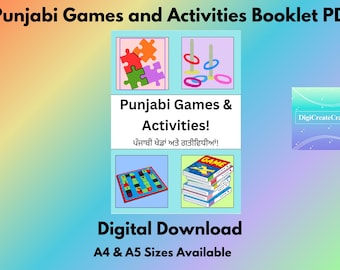 May include: A digital download graphic with the text "Punjabi Games and Activities Booklet PDF." The image features illustrations of a puzzle, ring toss, board game, and a stack of books labeled "GAME." The text "Punjabi Games & Activities!" is also displayed.