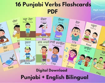 May include: A set of 16 Punjabi Verbs Flashcards in PDF format. Each card features a colorful illustration and the Punjabi verb with its English translation. The cards cover actions like eating, running, and dancing, designed for language learning.