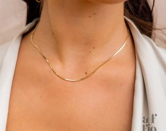 14K Gold Snake Chain Necklace, Herringbone Style