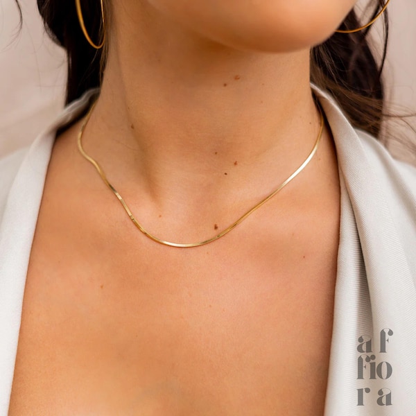 14K Gold Snake Chain Necklace, Herringbone Style
