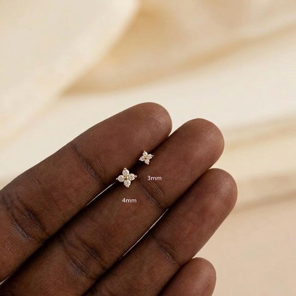14K Gold Flower Diamond Stud Earrings • Tiny Minimalist Dainty Pair
