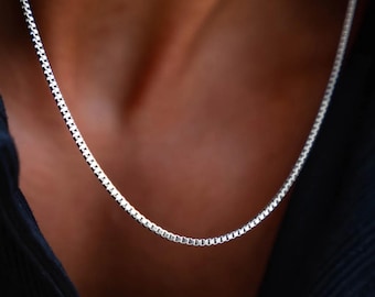 14K White Gold Box Chain Necklace, Dainty Square 2mm