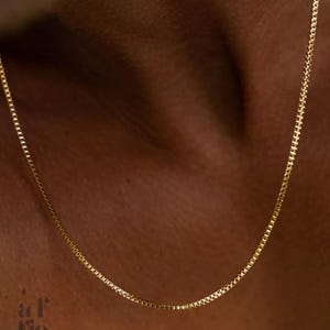 14K Gold Box Chain Necklace, Dainty Square Link, Women&#39;s Pendant Chain, 2mm, Christmas Gift