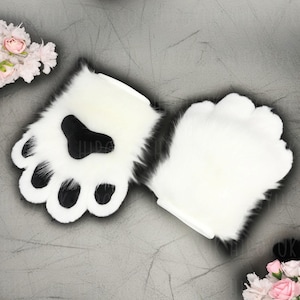 Handmade Finger Cat Paws,Black White Paw Gloves-4 Finger Furry Faux Fur Vegan Handmade Cat Paws,Cosplay Furry Gloves Gift for Kids and Adult