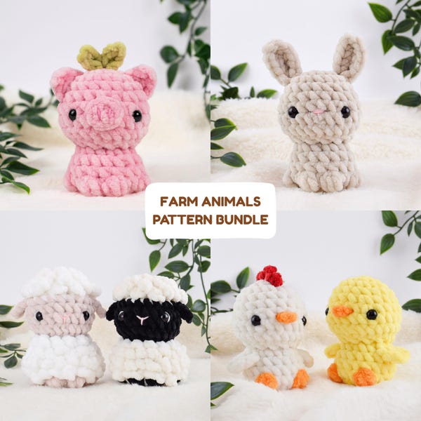 5 in 1 Farm Animals Crochet Pattern Bundle | Pig, Bunny, Sheep, Hen and Chick Amigurumi Pattern, NO & LOW SEW Crochet Pattern