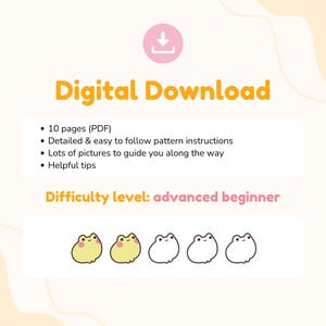 Digital download crochet frog pattern info, 10 page PDF with step by step instructions and photos, advanced beginner difficulty level, instant download frog amigurumi