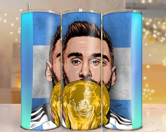 Envoltura para vaso de la Copa del Mundo de Messi / Diseño de sublimación delgado de 20 oz / Arte de leyenda del fútbol listo para imprimir.
