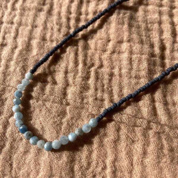 Aquamarine Dark Grey Beaded Necklace, Seed Bead Necklace
