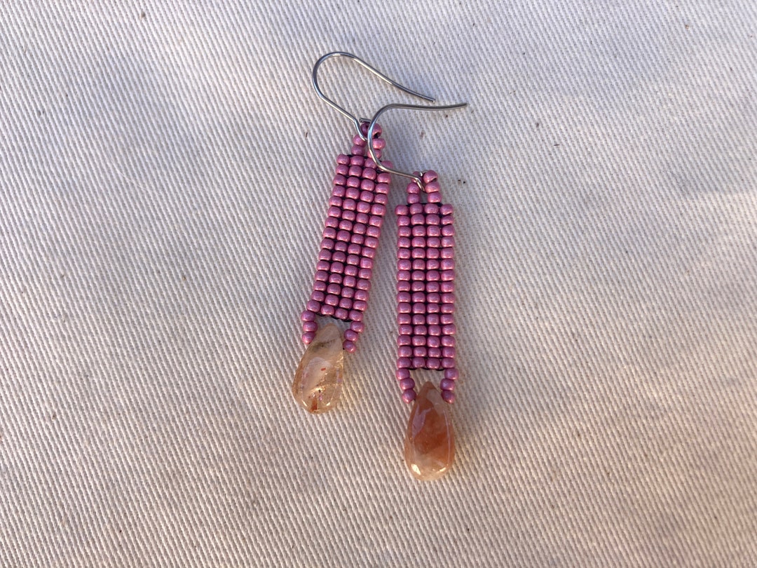 Sunstone Pink Seed Bead Earrings, Pink Jewelry, Sunstone Jewelry Etsy