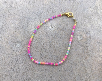 Neon Rainbow Seed Bead Brass Bracelet