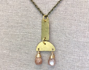 Moonstone Brass Geometric Necklace, Peach Moonstone