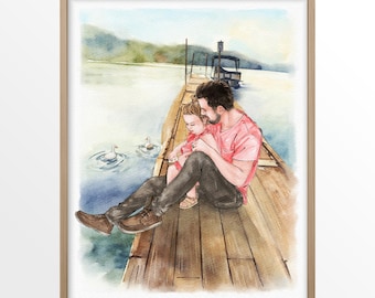 Custom Family Portrait from Photo, Hand-Painted Watercolor Fathers Day Gift for Dad