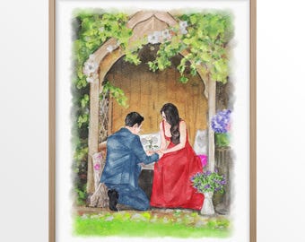Custom Couple Proposal Portrait, Hand-Painted Watercolor from Photo, Engagement Gift for Couples, Anniversary Gift for him