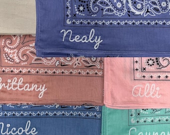 Custom Name bandanas, custom handkerchief, scarf custom bridesmaid gift, chain stitch bandana, paisley western favor, Embroidered accessory