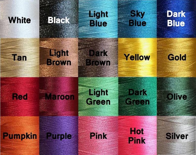 May include: A grid of twenty square swatches showing various thread colors, each labeled with its name: White, Black, Light Blue, Sky Blue, Dark Blue, Tan, Light Brown, Dark Brown, Yellow, Gold, Red, Maroon, Light Green, Dark Green, Olive, Pumpkin, Purple, Pink, Hot Pink, and Silver.
