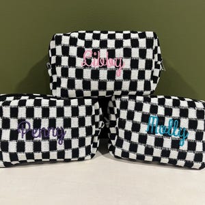 Checker makeup bag Embroidered personalized , pouch, shadow initials, neutral, tan, black, bachelorette, gift