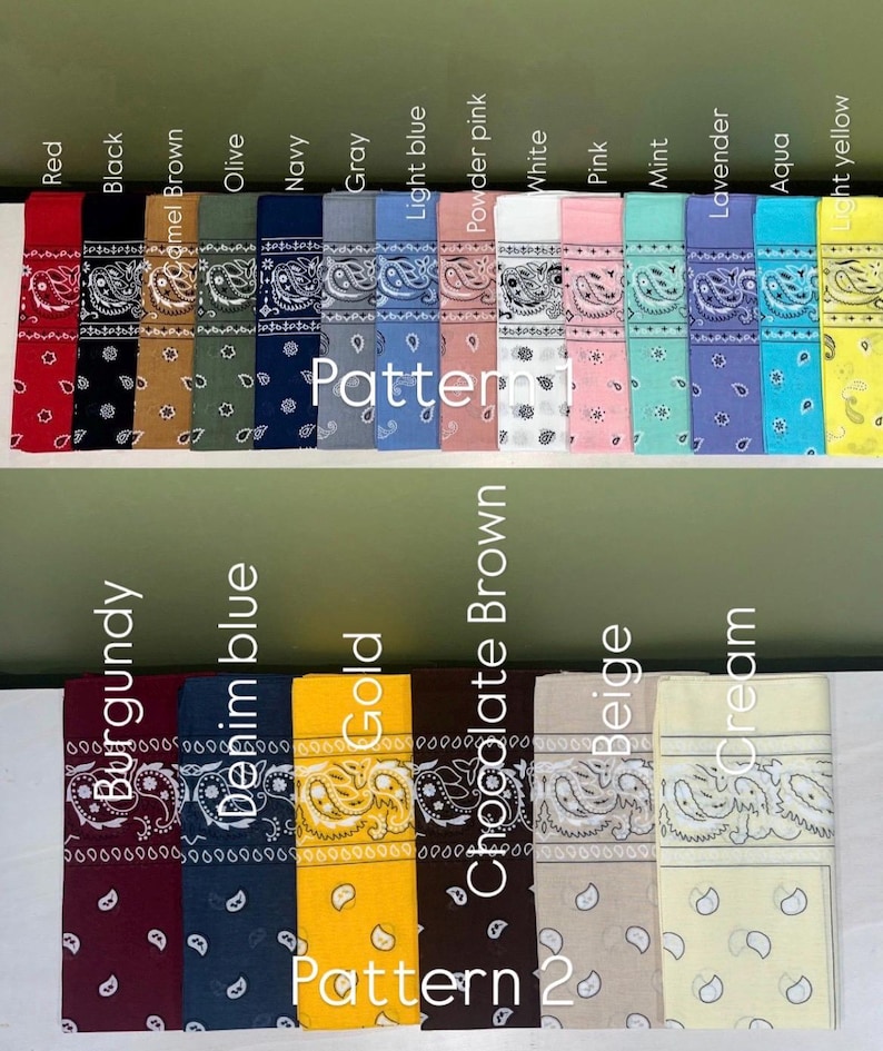 May include: A collection of folded bandanas arranged in two rows, labeled Pattern 1 and Pattern 2. The colors include red, black, camel brown, olive, navy, gray, light blue, powder pink, white, pink, mint, lavender, aqua, light yellow, burgundy, denim blue, gold, chocolate brown, beige, and cream. Each features a traditional paisley print.
