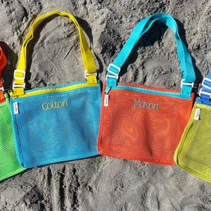 Embroidered personalized mesh bag for shells, rocks, sticks. Beach bag for birthday gift, Personalized Seashell Zipper Mesh Back Pack Tote