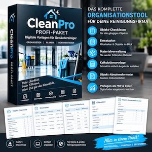 May include: A digital product box labelled CleanPro Profi-Paket featuring cleaning supplies imagery and a list of included templates like checklists, schedules, and forms for building cleaners, presented with sample documents in PDF and Excel formats.