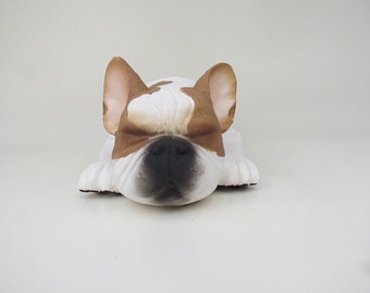 White Frenchie Cremation Urn in Stoneware with spots