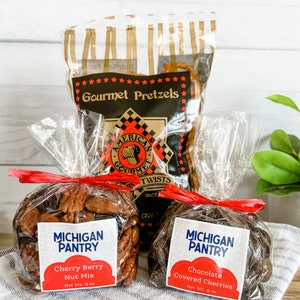 Michigan Snack Trio | Irresistible Pretzels |  Decadent Chocolate Cherries | and Nutty Fruit Mix | Gourmet Gift from the Great Lakes | Gift