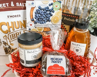 Michigan Favorites Comfort Foods | Care Package | Honey | Gourmet Peanut Butter | Pretzels | Chocolate | Toffee | Chocolate Covered Cherries