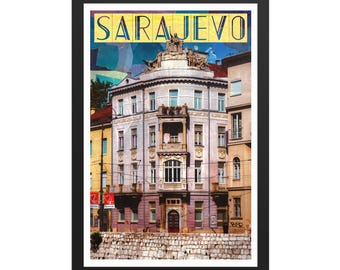 Sarajevo Bosnia European City Buildings Retro Fine Art Print, Framed