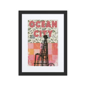 May include: A vintage-style poster with a pink and orange checkered background and a floral pattern. The poster features a silhouette of a roller coaster with the text "OCEAN CITY" in red letters.