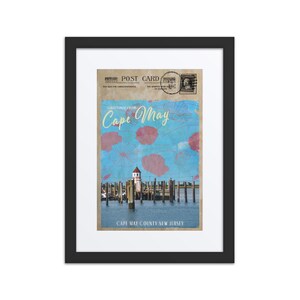 May include: Vintage postcard with a blue and pink watercolor background featuring a lighthouse and a pier. The text reads "Greetings from Cape May, Cape May County, New Jersey".