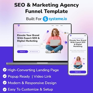 Könnte beinhalten: Ein Laptop und ein Mobiltelefon zeigen eine Website-Landingpage mit dem Text "Elevate Your Brand With Expert SEO & Digital Marketing". Die Website ist für eine SEO- und Marketingagentur. Die Landingpage ist so konzipiert, dass sie eine hohe Conversion-Rate erzielt, Popup-fähig ist und einen Videolink enthält. Die Website ist modern, reaktionsschnell und einfach anzupassen und einzurichten.