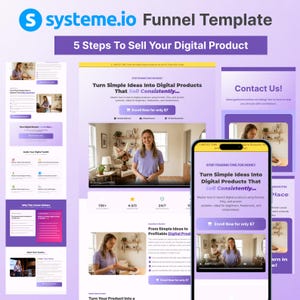Puede incluir: Una plantilla de embudo de marketing digital con el logotipo de systeme.io. La imagen muestra un diseño de sitio web con el texto "5 pasos para vender su producto digital". Incluye capturas de pantalla de un sitio web y un teléfono que muestra una página de ventas.