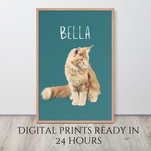 Custom Pet Art, Personalized Cat Portrait, Pet Memorial Gift, Cat Wall Art, Pet Lover Gift, Cat Cartoon Poster, Download or Framed Print