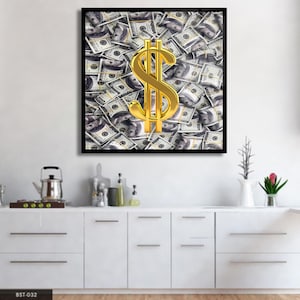 Gold Dollar Sign Glass Wall Art – Modern Pop Art Money Decor – Luxury Statement Piece for Office, Business, or Man Cave