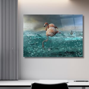 Surreal Flamingo Ocean Scene Glass Wall Art - Underwater & Above Water Split View, Modern Coastal Decor, Flamingo Lovers Gift Idea