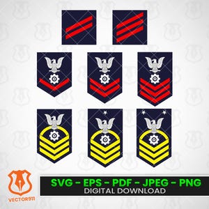 Puede incluir: Una colección de insignias de rango militar azul marino con rayas rojas y amarillas, águilas y engranajes. La imagen incluye el texto "SVG - EPS - PDF - JPEG - PNG DIGITAL DOWNLOAD".