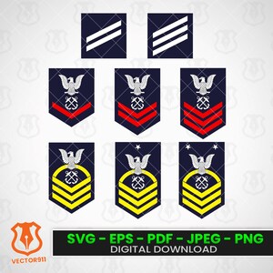 May include: A collection of navy blue military rank insignia with white stripes, red chevrons, and yellow chevrons. Each emblem features a white eagle and anchor design. The image includes the text "SVG - EPS - PDF - JPEG - PNG DIGITAL DOWNLOAD."