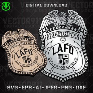 May include: Two digital graphic designs of a Los Angeles Fire Department badge featuring an eagle crest, the text FIREFIGHTER, LAFD, and CITY OF LOS ANGELES, and a central shield emblem. One badge has a light wood texture, the other a metallic silver finish.