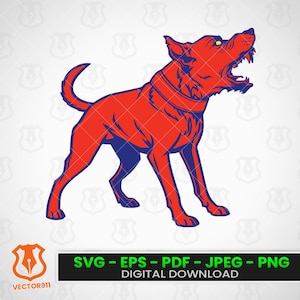 May include: A red and blue illustration of a dog barking, wearing a collar. The image includes the text "SVG - EPS - PDF - JPEG - PNG DIGITAL DOWNLOAD". The dog is the central focus of the image.