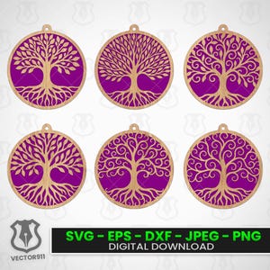 Op de afbeelding: Zes ronde houten ornamenten met een levensboomontwerp. De boom is lichtbruin, geplaatst tegen een paarse achtergrond. Elk ornament heeft een klein gaatje om op te hangen. De tekst "SVG - EPS - DXF - JPEG - PNG DIGITAL DOWNLOAD" staat onderaan.